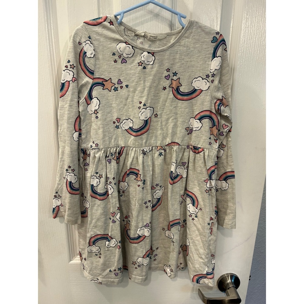 H&M Dress Gray Rainbow Star Heart Long Sleeve Jersey Knit Skater Dress 6-8Y